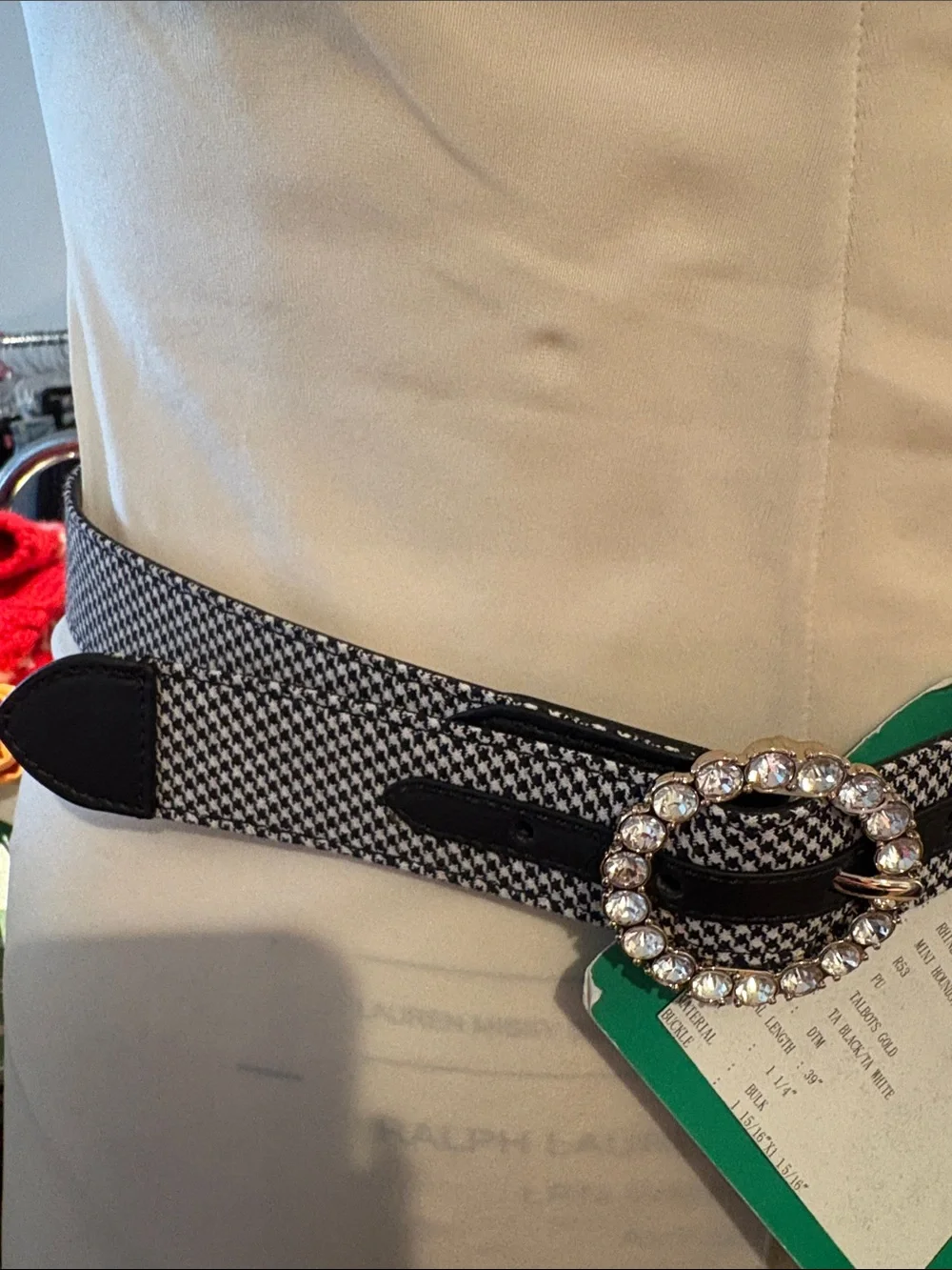 Talbots Black & White Houndstooth Belt with Crystal Buckle